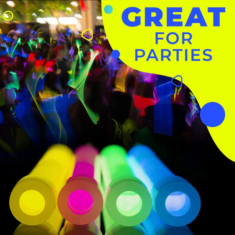 32 Pack Ultra Bright 6 Inch Glow Sticks With 12 Hour Glow, Emergency Lighting for parties, showing vibrant colors and party scene.