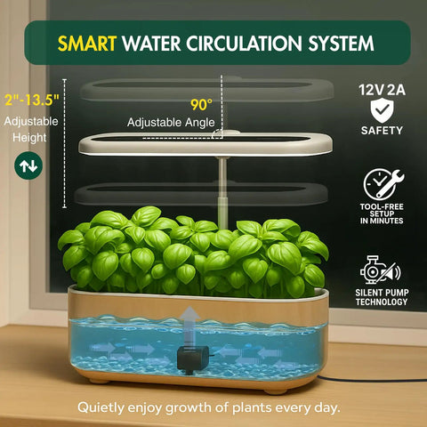 Indoor Hydroponic Herb Garden System With 14 Pods LCD Display LED Grow Light on kitchen counter, adjustable height.