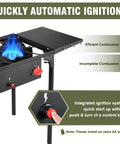 Two Burner Propane Camping Stove With One Touch Auto Ignition, showing flame color differences and control knob detail.