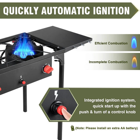 Two Burner Propane Camping Stove With One Touch Auto Ignition, showing flame color differences and control knob detail.