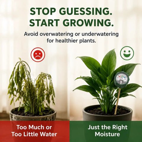 Soil Moisture Meter With 6.5 Inch Single Probe For Most Pots Instant Read No Battery Analog Dial Color Coded Display For Indoor And Outdoor Plants For Healthy Indoor Garden Growth And Outdoor Plant Care With Green Thumb Friendly Design showing moisture gauge in potted plant