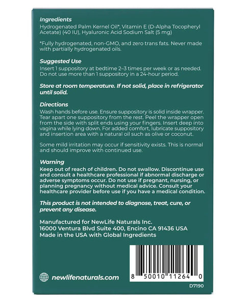 Ingredients and usage directions for HAPure Hyaluronic Acid Vaginal Suppositories With Vitamin E 12 count for menopause relief