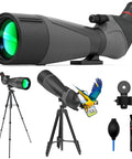 Birding Spotting Scope With Full Size Tripod For Bird Watching And Wildlife Viewing 20 To 60x85 Magnification 85mm Objective Lens Top Notch Optics Durable Build Easy Setup For Nature Lovers, black angled view