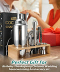 Ultimate Cocktail Shaker Set For Home Bartenders 18 8 Stainless Steel Mixology Kit With Bamboo Stand 10Piece displayed on table