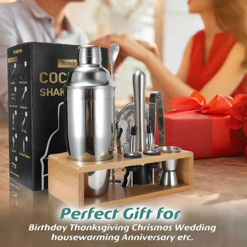 Ultimate Cocktail Shaker Set For Home Bartenders 18 8 Stainless Steel Mixology Kit With Bamboo Stand 10Piece displayed on table