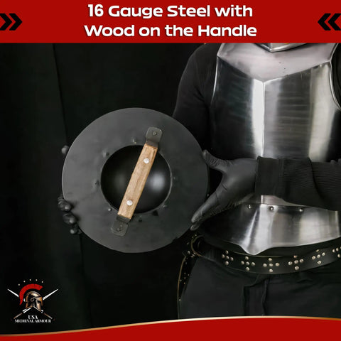 Medieval Buckler Shield 12 Inch 16 Gauge Steel Handheld Shield With Wooden Grip For LARP Reenactment Cosplay And Display