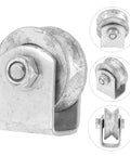 Cast-iron garage door wheel pulley with V-groove and mounting bolt, front view