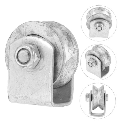 Cast-iron garage door wheel pulley with V-groove and mounting bolt, front view