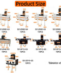 Diagram showing Awesome Micro Mini Slide Switch Kit 110Pcs SPDT 1P2T Toggle Switches with dimensions, includes SS12D00, SS12F15, SS12D10 models.