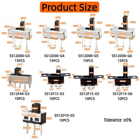 Diagram showing Awesome Micro Mini Slide Switch Kit 110Pcs SPDT 1P2T Toggle Switches with dimensions, includes SS12D00, SS12F15, SS12D10 models.