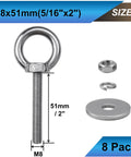 Beefy Stainless Eye Bolts Set 8 Pack M8 Threaded Ring Eye Bolts With Nuts Washers And Spring Washers 5/16 Inch Diameter.