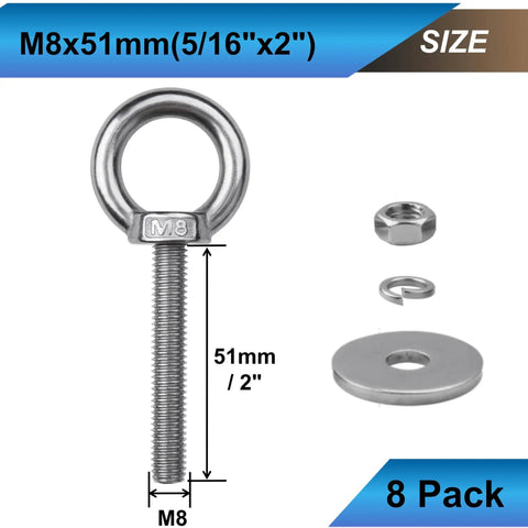 Beefy Stainless Eye Bolts Set 8 Pack M8 Threaded Ring Eye Bolts With Nuts Washers And Spring Washers 5/16 Inch Diameter.