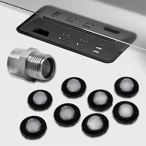 25 Pcs Stainless Steel Water Filter Hose Washers With Screen Inlet Hose Washers For 3/4 Inch Garden Hose Connectors And 5/8 Inch Washing Machines Durable Gasket Seals Set next to a metal screen fitting