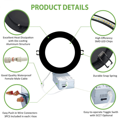 Diagram of Recessed Ultra Thin No Hassle Canless 6 Inch LED Ceiling Light Kit Black Trim with product details and features.
