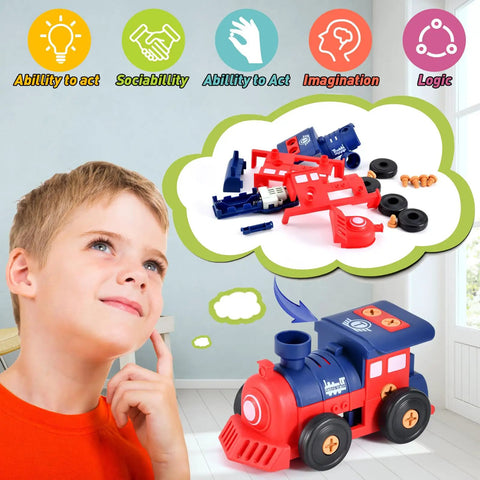 Child imagines building train from Take Apart Toys For Kids 3 To 5 With Electric Drill And Motor Car Ship Airplane Hands On Educational Set