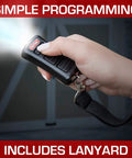 Two-Button Led Flashlight Garage Door Opener Remote With Built-In Light in hand, includes lanyard, Model GL2T-R
