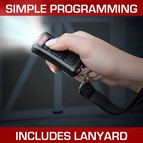 Two-Button Led Flashlight Garage Door Opener Remote With Built-In Light in hand, includes lanyard, Model GL2T-R