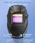 Auto-darkening welding helmet with features highlighted such as true color lens and large viewing area.