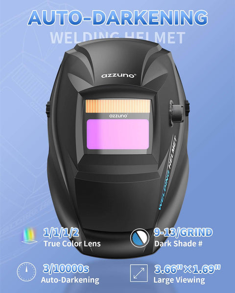 Auto-darkening welding helmet with features highlighted such as true color lens and large viewing area.