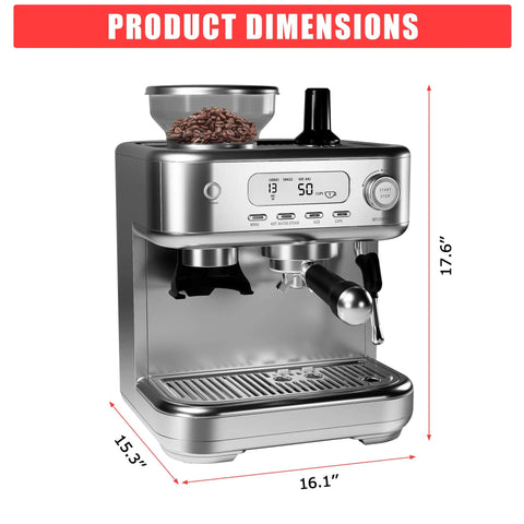 Grind To Order Freshness With This All In One Espresso Machine Packing A Built In Conical Burr Mill 15 Bar Pump Strength PID Temp Control And Fast Milk Frothing For Killer Lattes At Home, showcasing dimensions 15.3" x 16.1" x 17.6".