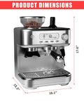 Next Level 15 Bar Espresso Machine With Solid Conical Burr Grinder And Creamy Milk Frother Brewing Killer Latte And Cappuccino Daily With PID Temp Control LCD Display dimensions showing height 17.6 inches, width 16.1 inches, depth 15.3 inches.