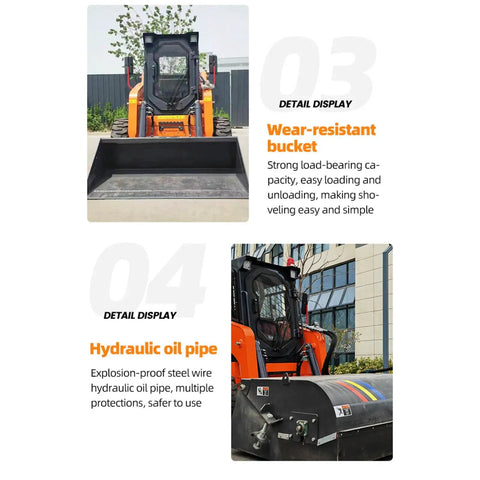 Skid steer with wear-resistant bucket and hydraulic oil pipe in urban setting, Quick Connect System for Skid Steer Attachments.