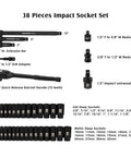 38 Piece One Half Inch Drive Deep Impact Socket Master Set With 10 Inch Quick Release Ratchet And Accessories, SAE And Metric Deep Sockets, CR-V Steel layout with labeled components