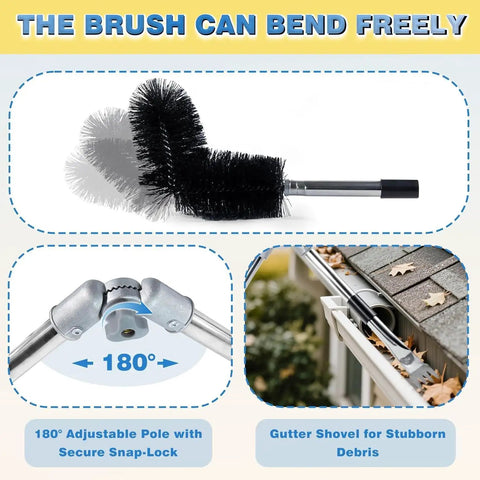 Gutter Cleaner Pole From The Ground With 13 Point 1 Ft Reach 180 Degree Pivot Head Replaceable Brush 10 Section Extension No Ladder Needed Easy Debris Removal For Hard To Reach Gutters