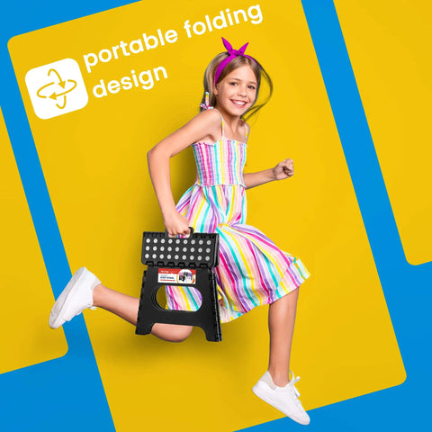 Child holding Folding Step Stool 11 Inch Non Slip Lightweight Plastic Sturdy Collapsible Foot Stool Heavy Duty Supports 300 Lbs