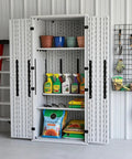 Weatherproof Outdoor Storage Cabinet With Four Shelves And Lockable Door Built To Last Tall White Resin Shed Stands 66 Inches High