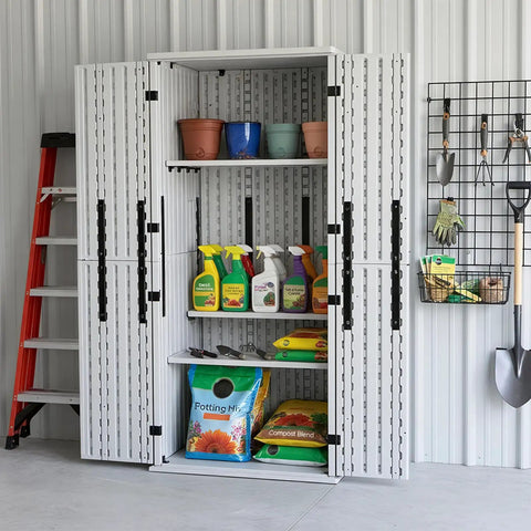 Weatherproof Outdoor Storage Cabinet With Four Shelves And Lockable Door Built To Last Tall White Resin Shed Stands 66 Inches High