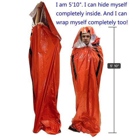 Person demonstrating Emergency Survival Sleeping Bags 2 Pack For Cold Weather Camping And Outdoor Rescue Mylar Thermal Bivy Sack size.