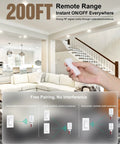 Person using Wireless Light Switch Kit With RF Remote, 200 ft range, for controlling lights in a modern living room.