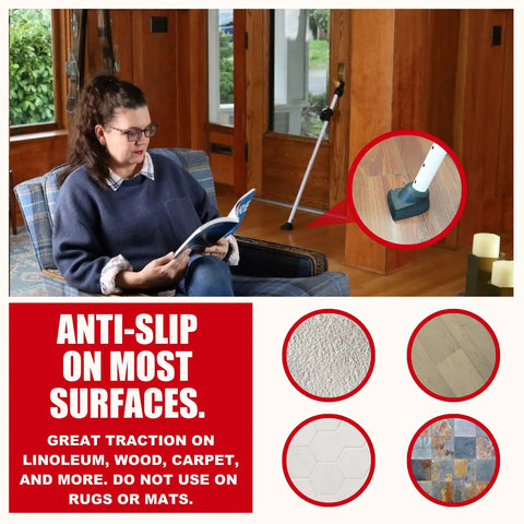 Tough As Nails Door Security Bar With Blaring 120Db Siren And Portable Adjustable Jammer Bracket That Handles Up To 400 Pounds on wooden floor.