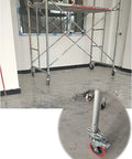 Set Of Two Tough As Nails Swivel Scaffold Wheels With 15 Cm Threaded Stem Industrial Casters on a scaffold in a workspace.