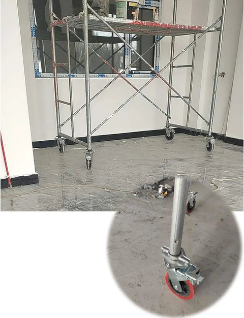 Set Of Two Tough As Nails Swivel Scaffold Wheels With 15 Cm Threaded Stem Industrial Casters on a scaffold in a workspace.