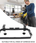 Heavy Duty Trash Bag Holder Rack With Adjustable Clamp Garbage Hook, Carbon Steel Cabinet Stand Built Tough For Kitchens Or Campouts, Adjusts No Sweat And Holds Big Bags Snug All Day Long, shown with a man using in kitchen.