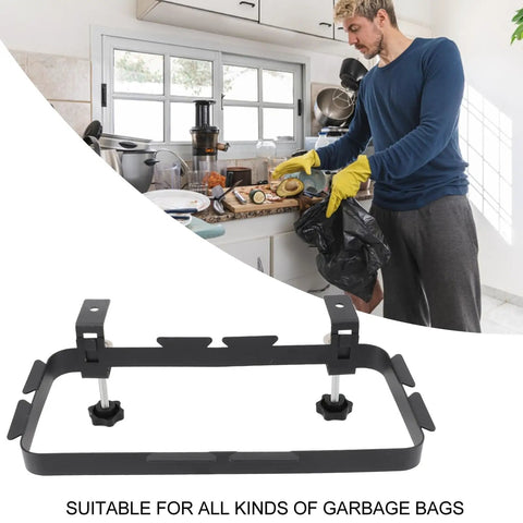 Heavy Duty Trash Bag Holder Rack With Adjustable Clamp Garbage Hook, Carbon Steel Cabinet Stand Built Tough For Kitchens Or Campouts, Adjusts No Sweat And Holds Big Bags Snug All Day Long, shown with a man using in kitchen.