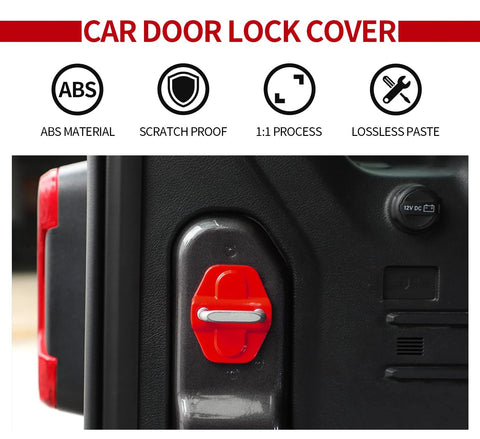 Red ABS door lock cover buckle decor trim installed on Jeep Wrangler JL/JLU and Gladiator JT
