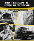 Signs to replace control arm: poor steering, uneven tire wear, abnormal noise, wheel shaking shown with steering wheel, tire, child, and SUV images.