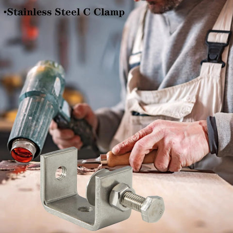 Two stainless steel C-clamps with 47mm jaws; heavy-duty woodworking and automotive repair tools