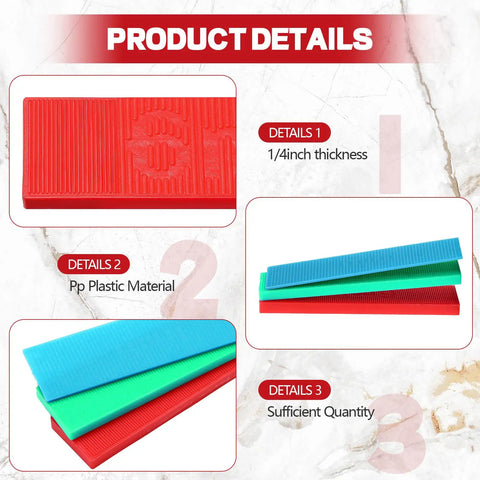 Professional Grade 200 Count Quarter Inch Thick Red Plastic Shims For No Sweat Tile Leveling And Reliable Door Window Gap Filling Designed To Keep Your Home Projects Looking Clean And Dead Nuts Straight Daily displayed on a marble background.