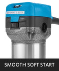 Built Like A Tank Compact Router With Fixed Plunge And Tilt Bases, 1.25 HP workhorse showing smooth soft start switch and aluminum chassis.