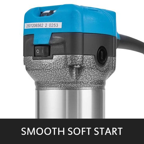 Built Like A Tank Compact Router With Fixed Plunge And Tilt Bases, 1.25 HP workhorse showing smooth soft start switch and aluminum chassis.
