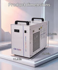 Heavy Duty Industrial Water Chiller With Six Liter Cooling Tank And Zero Point Nine Horsepower Pump To Keep CO2 Laser Engravers Locked In And Cutting Clean On The Shop Floor, dimensions displayed.