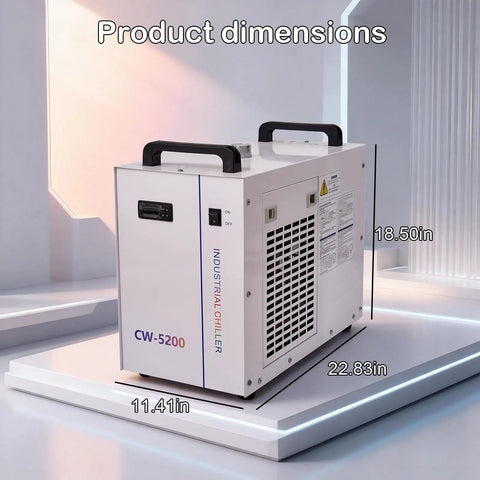 Heavy Duty Industrial Water Chiller With Six Liter Cooling Tank And Zero Point Nine Horsepower Pump To Keep CO2 Laser Engravers Locked In And Cutting Clean On The Shop Floor, dimensions displayed.
