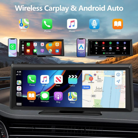 8.1 Inch Portable Wireless CarPlay Screen With 2K Dash Cam And 1080P Backup Camera showing map and apps in car