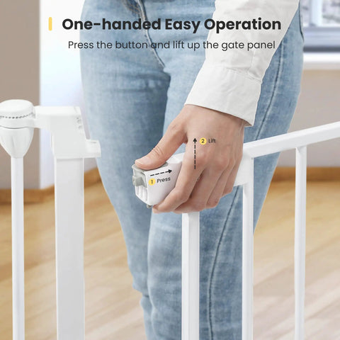 One-handed operation of Deluxe Walk Through Pet Gate for Stairs and Doorways one hand operation hardware mounted extra wide opening.