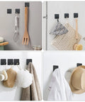 Stainless Steel Adhesive Hooks For Shower No Drill Stick On Wall Hangers Waterproof And Rust Resistant Matte Black Finish Heavy Duty Yet Sleek Includes 2 Extra Adhesive Strips Set Of 4 shown holding kitchen and bathroom items.