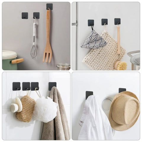 Stainless Steel Adhesive Hooks For Shower No Drill Stick On Wall Hangers Waterproof And Rust Resistant Matte Black Finish Heavy Duty Yet Sleek Includes 2 Extra Adhesive Strips Set Of 4 shown holding kitchen and bathroom items.